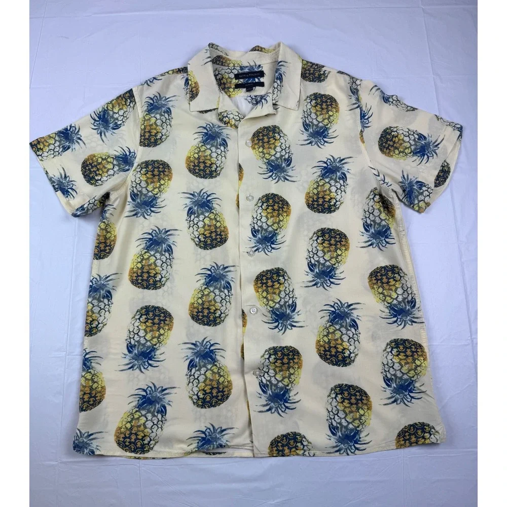Banana Republic Mens Pineapple Print Rayon Short Sleeve Slim Fit Shirt Large L